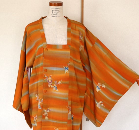 Vintage Kimono Coat, Orange Striped coat, Vintage