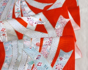 K21-21 Silk Kimono Fabric | floral pattern Silk Fabric | Kimono Fabric Scraps | Reddish orange brocade ribbon Pattern Silk Fabric