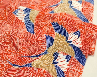 C-15 Gorgeous Crane Onishibo-Chirimen Fabric /// Vintage Silk Chirimen Fabric, Silk kimono fabric, botanical chirimen fabric, silk fabric,