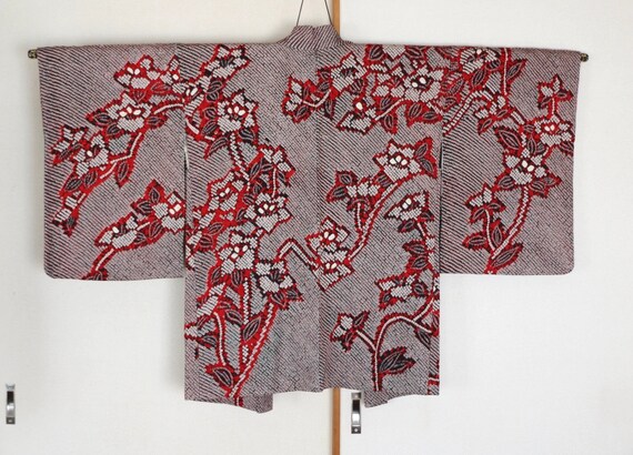 Vintage Japanese kimono Jacket /// Red Shibori Ja