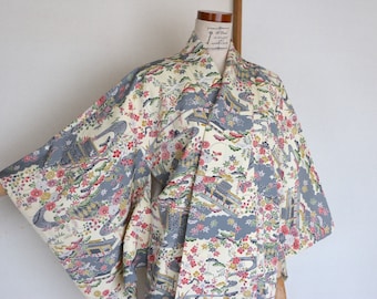 KW-206 Vintage Silk Chirimen Komon /// Botanical Pattern