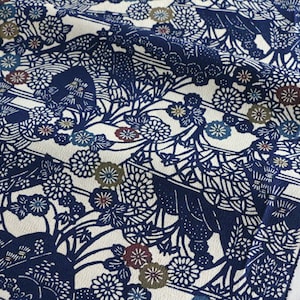 C-05 Tecido Katazome de seda vintage /// Tecido quimono, Tecido quimono de seda, tecido Katazome botânico, tecido de seda, Tecido quimono de seda marinho