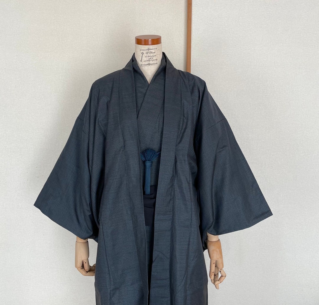 M21-10 Vintage Men Oshima Tsumugi Kimono /// Men Silk Kimono, Men Blue ...