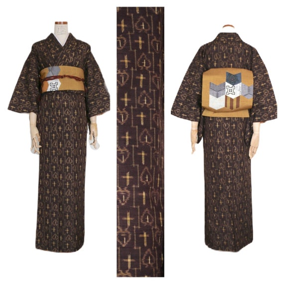 K19-30 Vintage Japanese Kimono // Tsumugi, Brown … - image 1