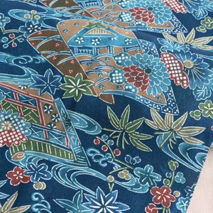 C-06 Tecido quimono de seda com fundo marinho /// tecido de seda azul, quimono de seda, tecido de seda japonês, tecido de quimono de seda com padrão botânico,