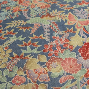 KF21-04 Chirimen /// Tecido de seda vintage japonês, tecido de quimono de seda, seda Chirimen, tecido de seda azul, tecido de seda marinho,