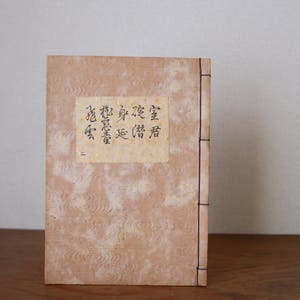 Könnte beinhalten: Ein tannfarbenes Buch mit einem dekorativen Muster auf dem Einband. Das Buch hat ein goldenes Etikett mit schwarzen japanischen Schriftzeichen, die "池袋 散歩 道草 寄り道" (Ikebukuro Stroll, Wandering, Detour) lauten.