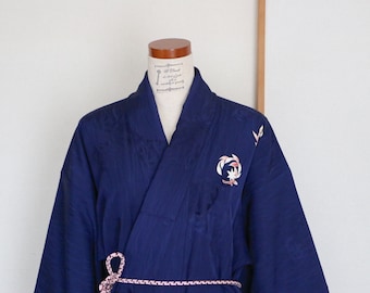KW-209 Vintage Houmongi Kimono /// Kimono Robe, Kimono Gown, gown, robe, vintage Navy silk kimono, elegant navy silk houmongi