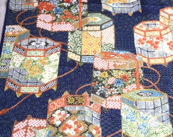 K21-09 Silk Kimono Fabric | Japanese drum pattern Silk Fabric | Kimono Fabric Scraps | Navy orange brocade botanical Pattern Silk Fabric