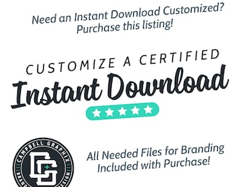 Pode incluir: Um logotipo de design gráfico com o texto "Campbell Graphix Branding & Logo Design" em um círculo. O logotipo é preto e branco com uma classificação de estrelas verde e branca abaixo. O texto "Personalizar um download instantâneo certificado" está acima do logotipo. O texto "Todos os arquivos necessários para a marca incluídos na compra!" está abaixo do logotipo.