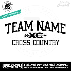 May include: Black and white graphic design featuring the text "TEAM NAME" in a bold font, with an arrow pointing to the right and the text "XC" in the center. Below the text is "CROSS COUNTRY" in a bold font.