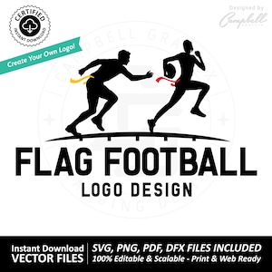 Puede incluir: Diseño de logotipo en silueta en blanco y negro de dos personas jugando al fútbol americano de bandera. El texto "FLAG FOOTBALL LOGO DESIGN" está debajo de la imagen.