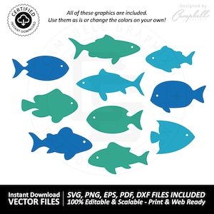 May include: A collection of nine stylized fish illustrations in shades of blue and teal. The image includes the text "All of these graphics are included. Use them as is or change the colors on your own!" and "Instant Download VECTOR FILES".