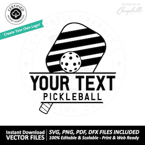 May include: Black and white silhouette of a pickleball paddle with a pickleball in the center. The text "YOUR TEXT" is above the paddle and the text "PICKLEBALL" is below the paddle.