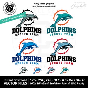May include: A set of six vector graphics featuring a dolphin jumping through a sunburst. The dolphin is in various colors, including blue, teal, and gray. The text "Dolphins Sports Team" is below the dolphin in black and white.