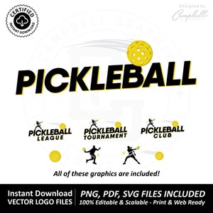 Peut inclure: Un ensemble de quatre logos de pickleball noirs et jaunes. Les logos présentent une silhouette d'une personne jouant au pickleball, une balle de pickleball et le texte "Pickleball League", "Pickleball Tournament" et "Pickleball Club".