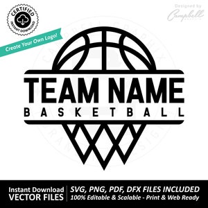 May include: Black and white basketball logo with a basketball and a basketball hoop. The text "TEAM NAME BASKETBALL" is in the center of the logo.