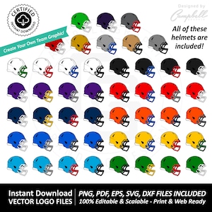 May include: A set of 36 football helmet illustrations in various colors, including red, blue, green, yellow, purple, orange, white, black, and gray. The helmets are all in the same style, with a white outline and a black facemask. The helmets are arranged in a grid pattern.