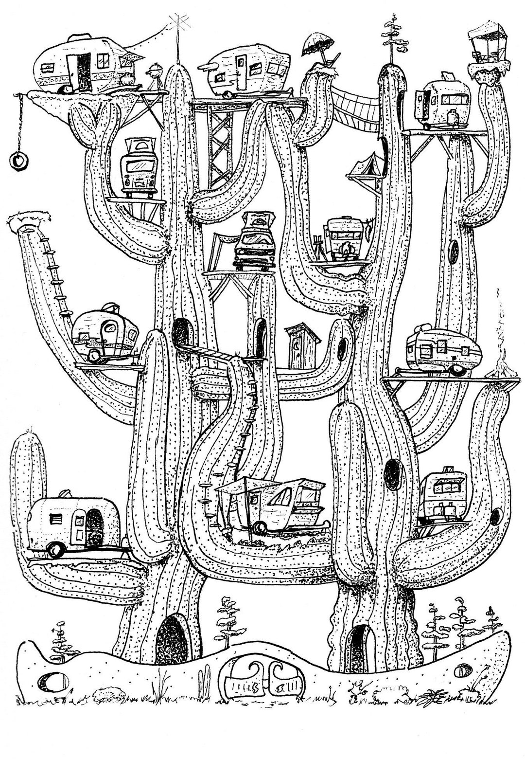 5x7 Cactus Treehouse Art Print Pen and Ink Drawing of a Etsy