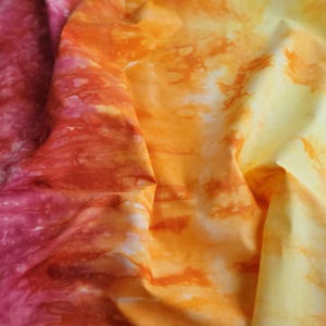Hand Dyed Fabric, Red Orange and Yellow Fabric, low immersion, 100% Kona Cotton. Quilting, Crafting Fabric