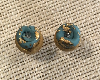Blue Gold Leaf Rose Earrings