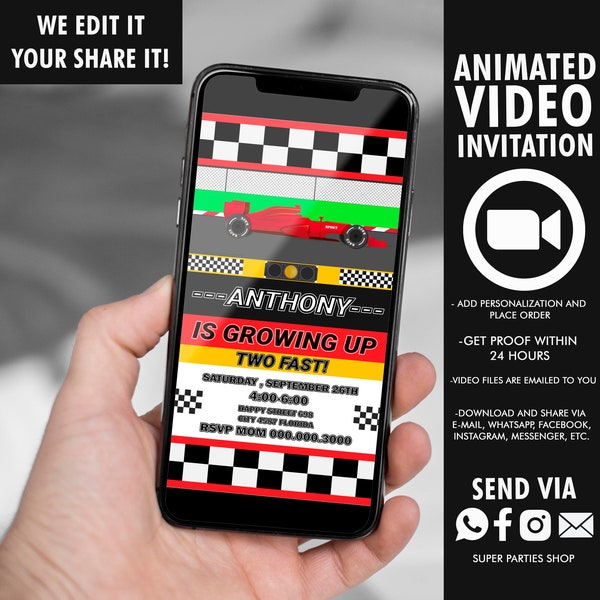 Race Car Animated Invitation, Video Cars  birthday, Racing car Digital invitation,Editable Video Invite, Two Fast Invitation