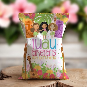 Bearbeitbare Hawaiianische Chip-Tasche, Luau-Geburtstagsfeier, Aloha-Gastgeschenk, Tiki-Chip-Tasche Digitaler Download-Vorlage