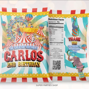 Circus Party Printable Chip bag, Circus tent  birthday party chip bag, Circus Carnival potatoes wrapper,  Kids Birthday party