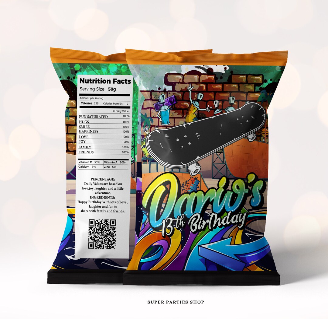 Skateboard Party Chip Bag Wrapper Printable, Skateboard Goody Bag