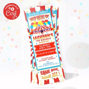 Zirkus-Einladung, Zirkus-Einladung Ticket-Einladung, Zirkus-Karneval-Geburtstag, Zirkus-Geburtstagskinderparty Corjl.