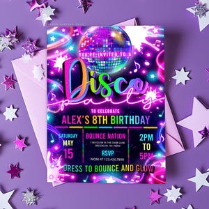 Glow Disco Party Invitation Editable Neon Glow Dance Party Invitation Neon Glow Disco Party Neon Let&#39;s Glow Party Instant Download Corjl