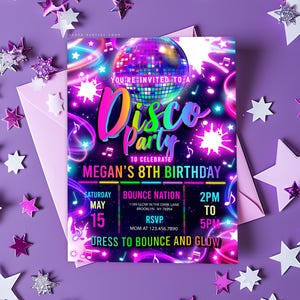 Glow Disco Party Invitation Editable Neon Glow Dance Party Invitation Neon Glow Disco Party Neon Let&#39;s Glow Party Instant Download Corjl