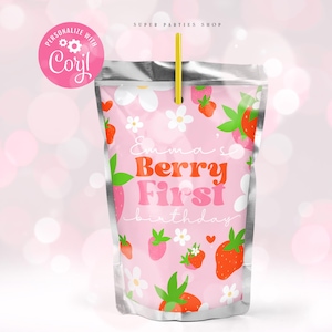 Editable Berry Juice Pouches Label, Berry Juice Label, StrawBerry party Favors, Strawberry Labels, Berry Party Favors Decor, Corjl