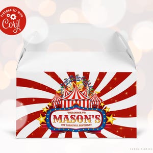 Étiquette de boîte de pignon de cirque imprimable, cadeau d'anniversaire de tente de cirque, emballage de carnaval de cirque, fête d'anniversaire d'enfants de 1er anniversaire de cirque Corjl