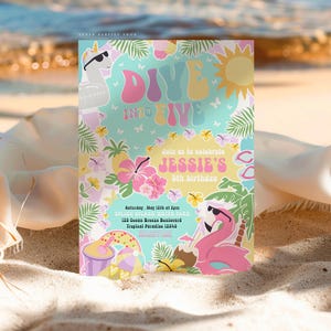 Editable Dive Into Five 5th Birthday Party Invitation Tropical Summer Splish Splash Girly Pool Birthday Party Instant Download Corjl.