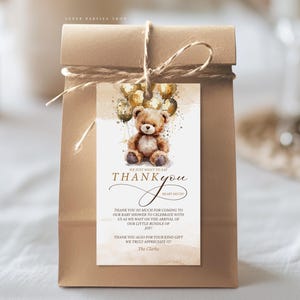 Etichetta di ringraziamento modificabile We Can Bearly Wait Modello FavoTag Baby Shower Oro Tema Baby Boho, Palloncini orsetto Corjl.