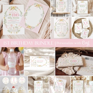 One Silly Goose Birthday Invite, 1st Birthday Bundle Floral Pink Bow Geese First Birthday Green One Silly Goose Birthday Invitation Corjl.