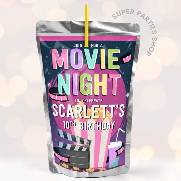 Movie Night Capri Sun Juice Label, Movie Night Favors, Girls Movie Night Party, Movie Night Decorations, hollywood favor ONLY DIGITAL