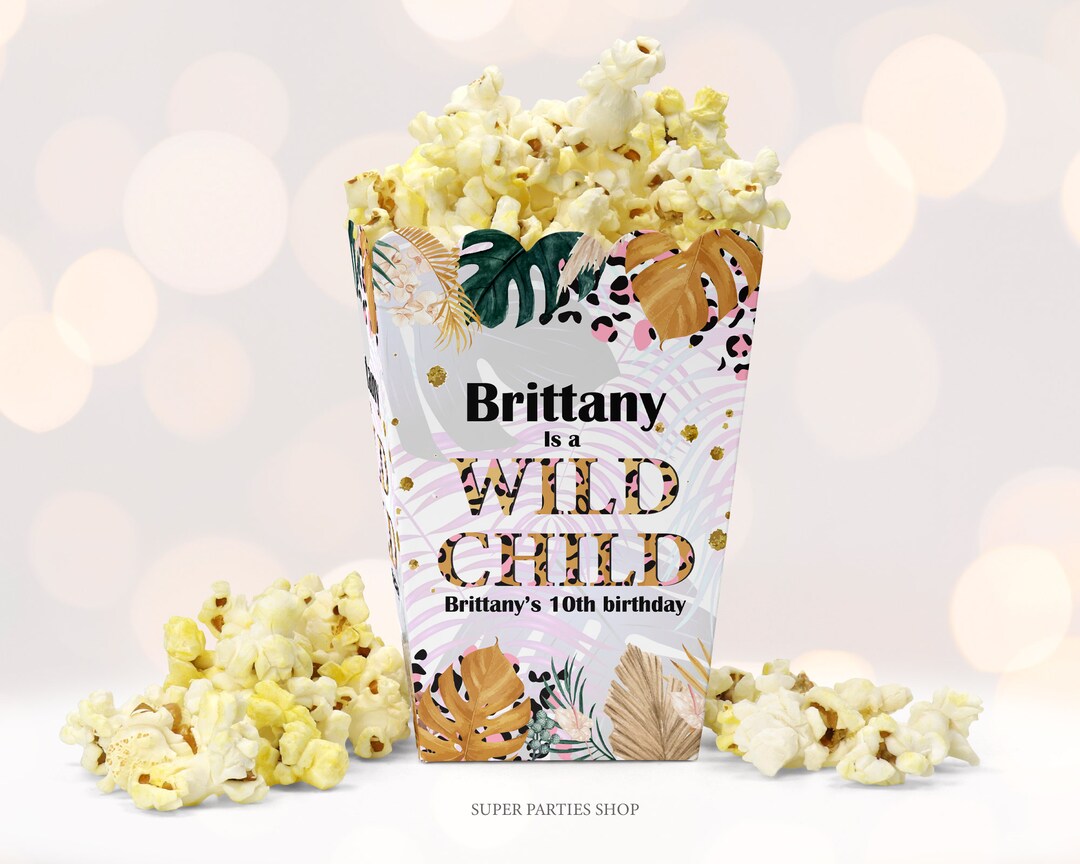 Jungle Popcorn Box Template A3 Printable , Wild Child Theme Safari ,wild Two Decor, Watercolors