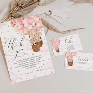 Wir können Bären warten Danke Karte, Windel Raffle und Buch Label Vorlage Baby Shower Pink Baby Boho Thema, Teddybär Ballons Corjl.