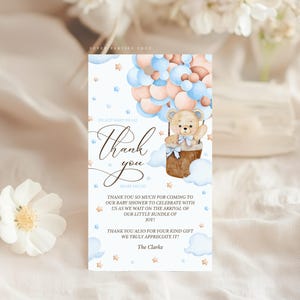 Etichetta di ringraziamento modificabile We Can Bearly Wait Modello FavoTag Baby Shower Blue Baby Tema Boho, Teddy Bear Ballons Corjl.