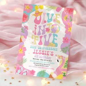 Editable Dive Into Five 5th Birthday Party Invitation Tropical Summer Splish Splash Girly Pool Birthday Party Instant Download Corjl.