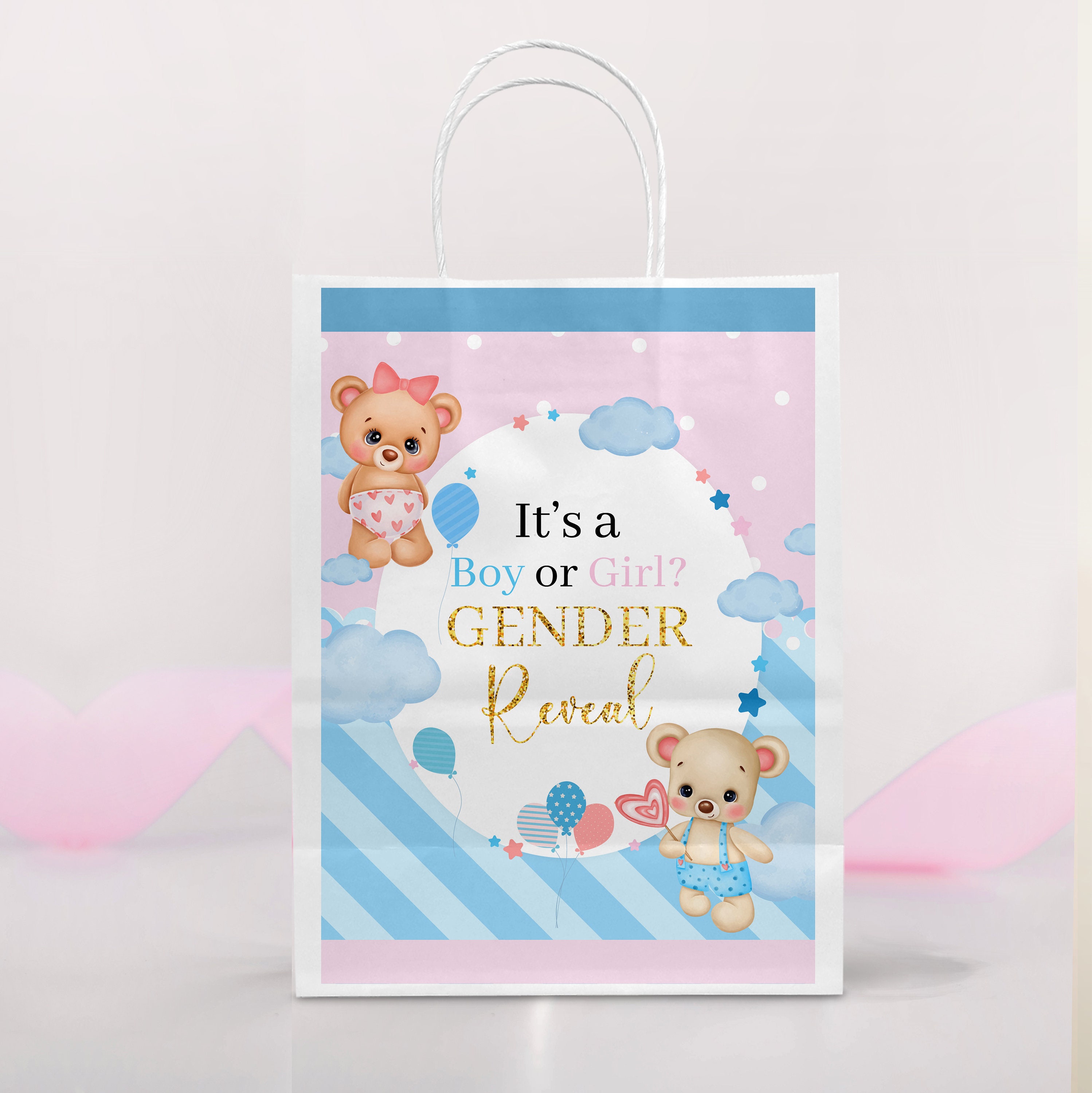 Teddy Bear Gender Reveal GIFT bag Label Printable Favor Bag Etsy