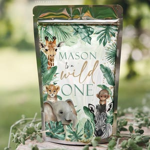 Jungle Juice Pouches Editable , Wild one, Wild two Label, Capri sun Label, Watercolors, Wild One, Elephant, Lion, Zebra  Editable Corjl