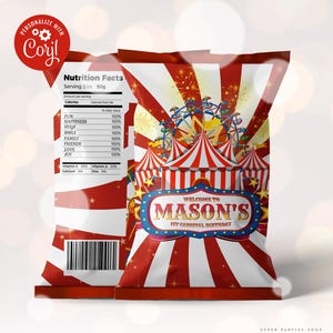 Sacchetto di patatine stampabile per festa al circo, sacchetto di patatine per festa di compleanno con tenda da circo, involucro di patate per carnevale del circo, festa di compleanno per bambini Corjl modificabile