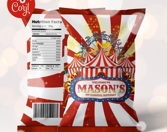 Circus Party Printable Chip bag, Circus tent  birthday party chip bag, Circus Carnival potatoes wrapper,  Kids Birthday party Corjl Editable