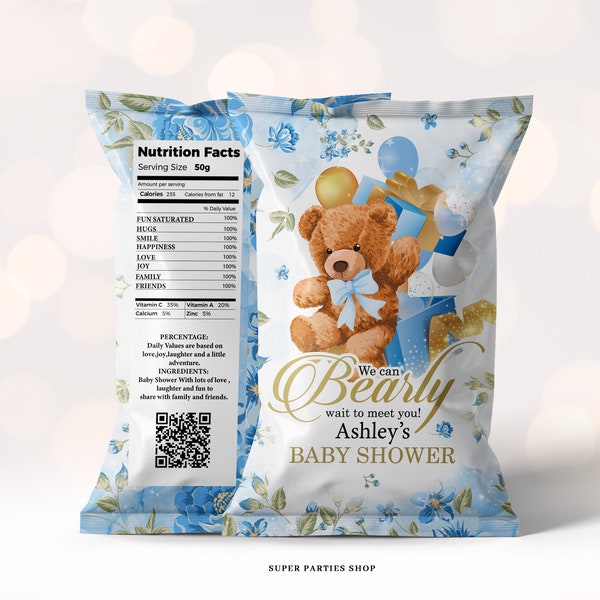 We Can Bearly Wait Chip Bag Baby Shower  Blue watercolor teddy Chip Bag, Baby Boho theme, Teddy Bear Ballons DIGITAL ONLY
