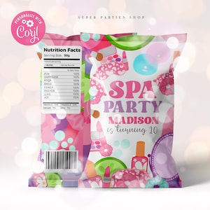 Editable Spa Party Chip Bag Glam Party Decor Girl Makeup Birthday Snack Party Favors Digital Corjl