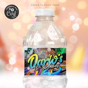 Skater party Bottle Label Printable, Skateboard goody bag, scooter bike skate sports, Party Favors 90s theme,hip hop, Corjl