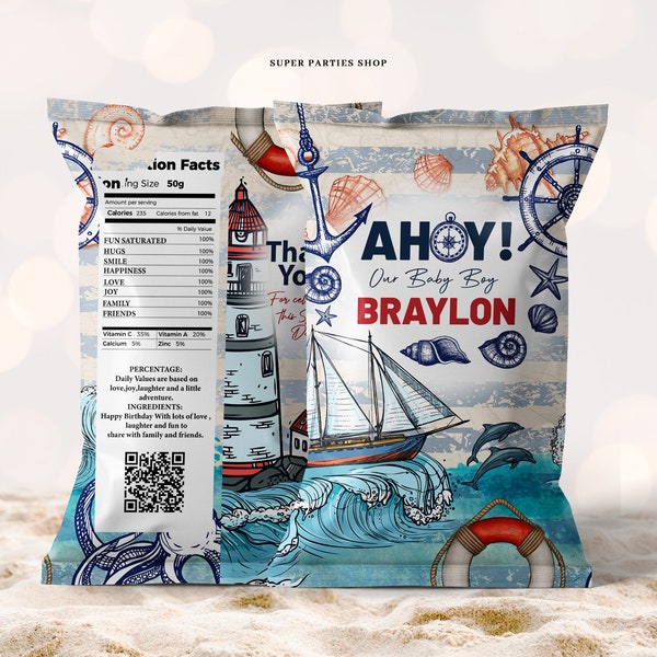 Nautical Baby Shower Chip bag, Ahoy Its a Boy Nautical Baby Shower Decorations, Sailor Baby Shower Blue Navy DIGITAL ONLY